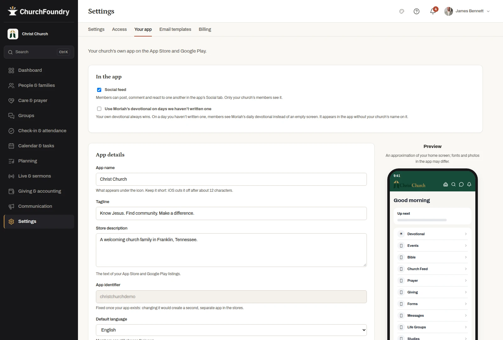 Prepare your church app in the fictional Christ Church demonstration workspace