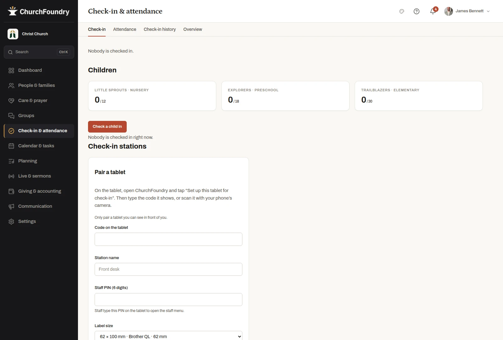 Prepare children’s check-in in the fictional Christ Church demonstration workspace