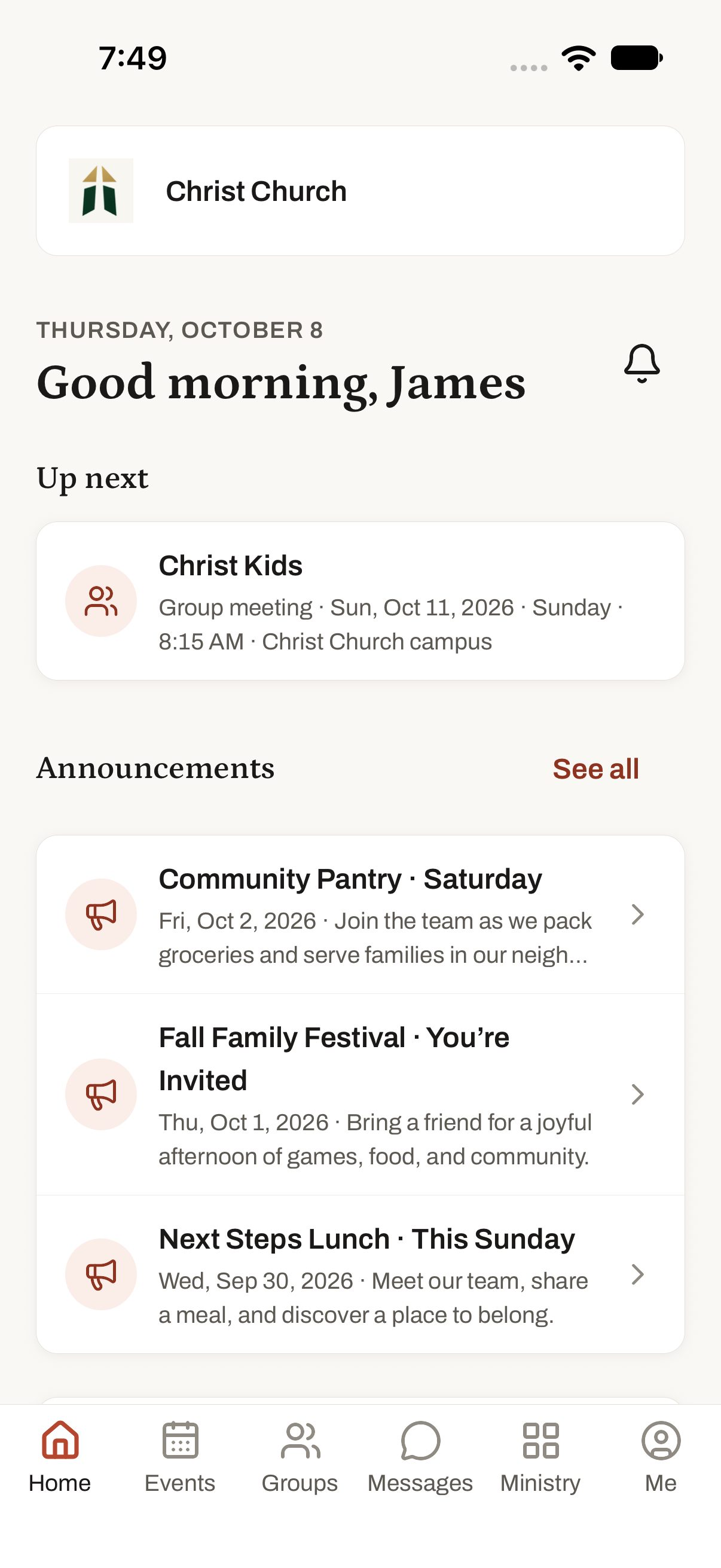 Christ Church in the ChurchFoundry app, showing upcoming gatherings and announcements