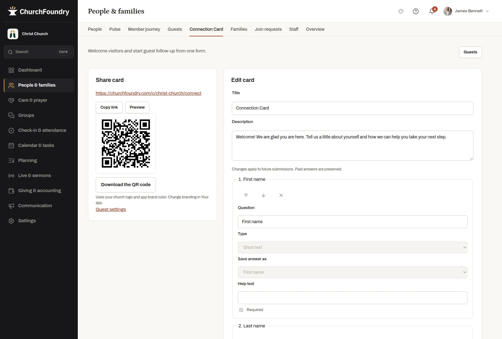 Christ Church connection-card editor and sharing controls