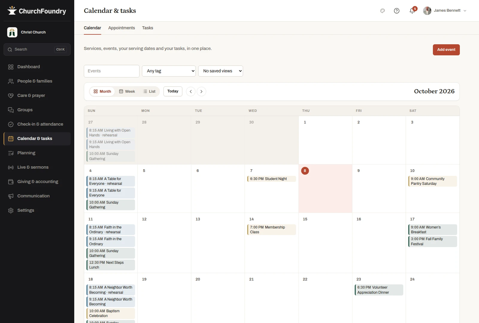 Publish an event and review RSVPs in the fictional Christ Church demonstration workspace