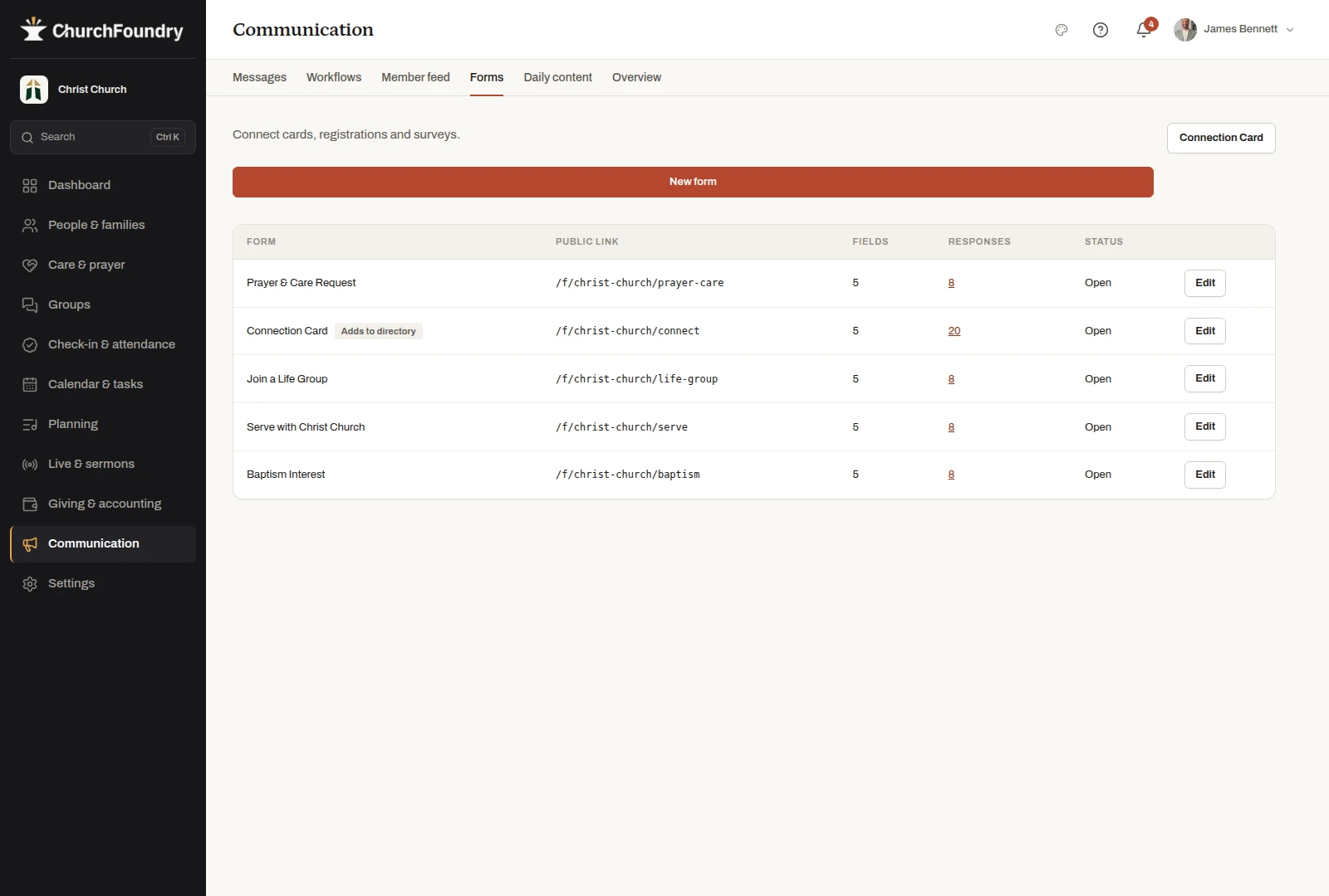 Create a form with a useful next step in the fictional Christ Church demonstration workspace