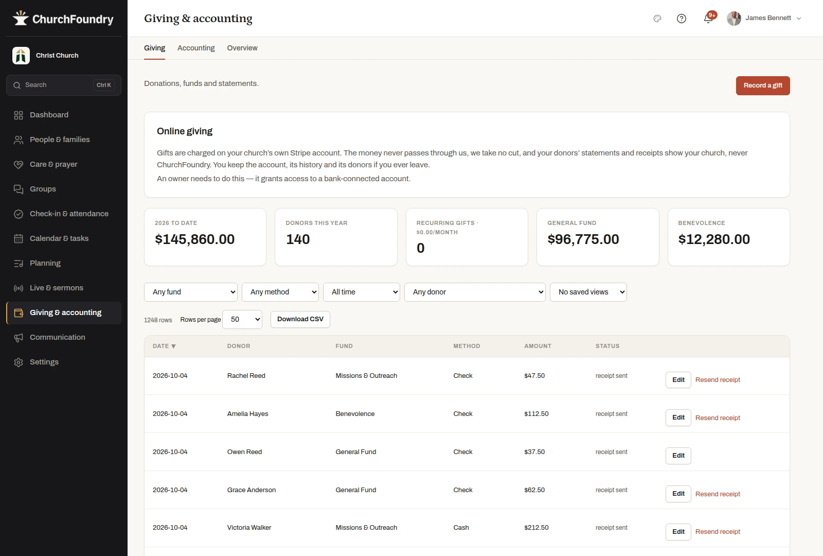 Prepare giving records and statements in the fictional Christ Church demonstration workspace
