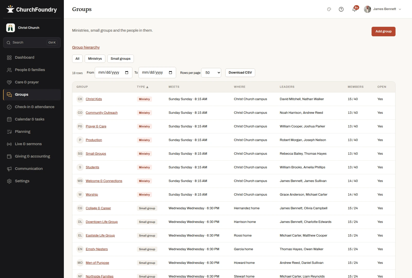 Create a group and record attendance in the fictional Christ Church demonstration workspace