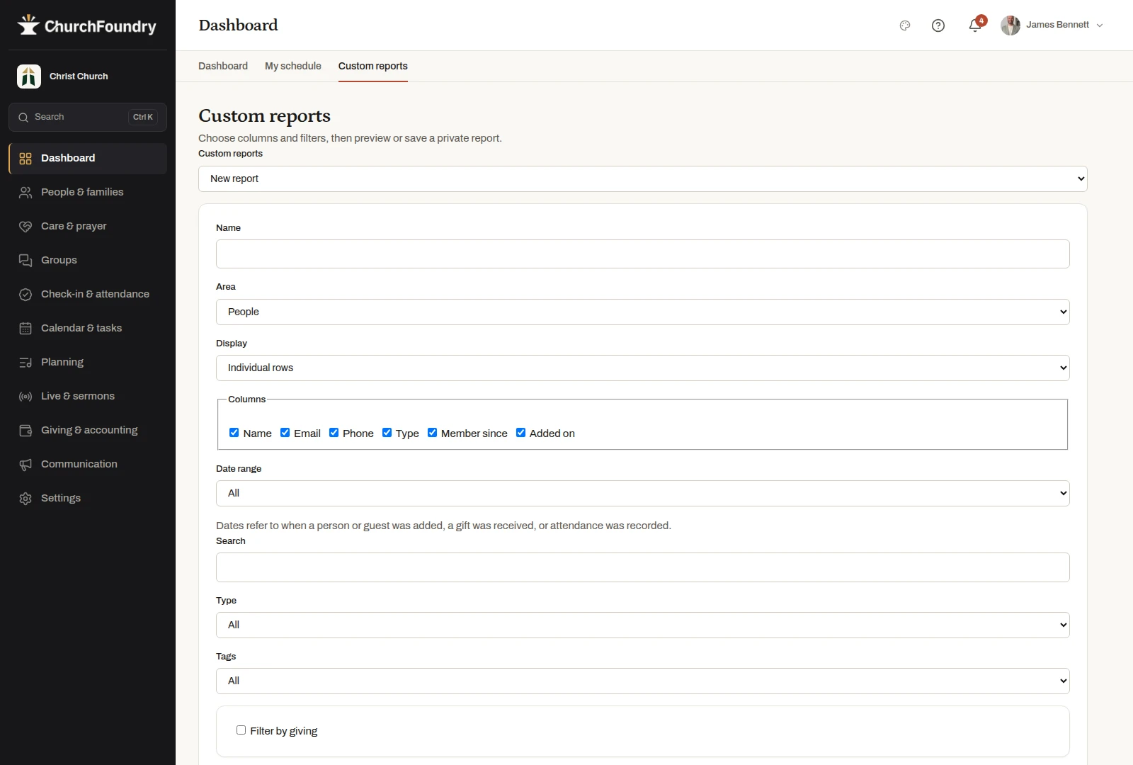 Build and check a report in the fictional Christ Church demonstration workspace