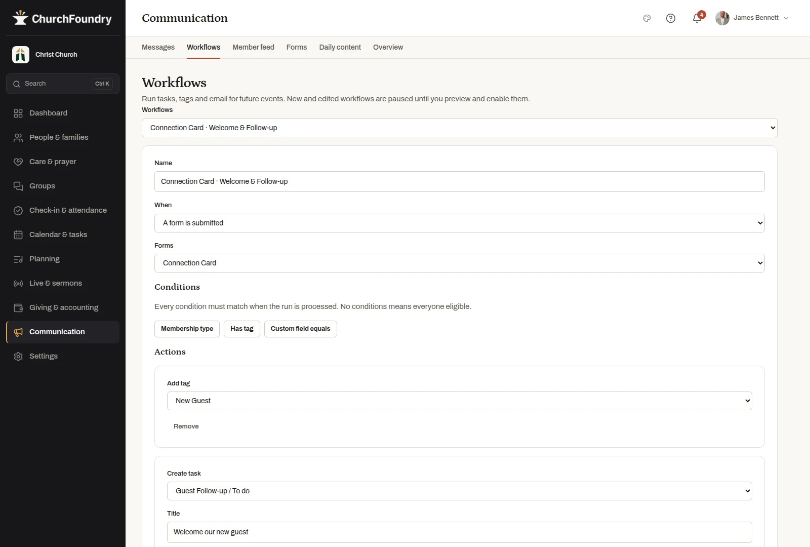 Preview a workflow before enabling it in the fictional Christ Church demonstration workspace